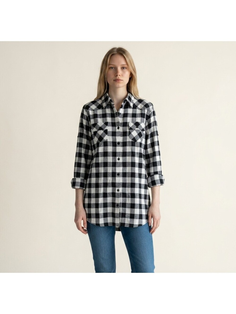 New Ochenta Shirt Women M Medium Black Plaid Button Up Collared Cotton Pockets